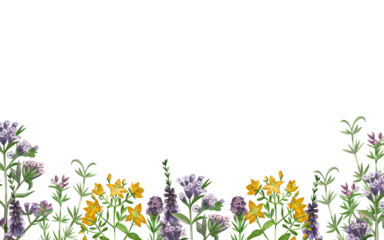 Watercolor illustration. The border of flowers and meadow grasses of lungwort, St. John's wort, heather, and oregano is hand-drawn in colored watercolors. For printing on books, textiles, design.