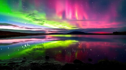 A beautiful, colorful aurora borealis is reflected in the water of a lake