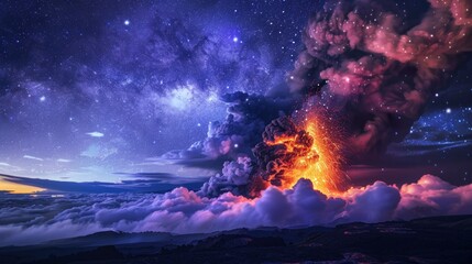 Obraz premium A beautiful night sky with a volcano in the background