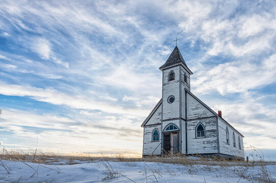 Peace Lutheran Church stands lonely on a hilltop near Stonehenge, Saskatchewan; Saskatchewan, Canada