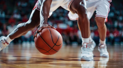 Basketball player is holding basketball ball on a court, close up photo
