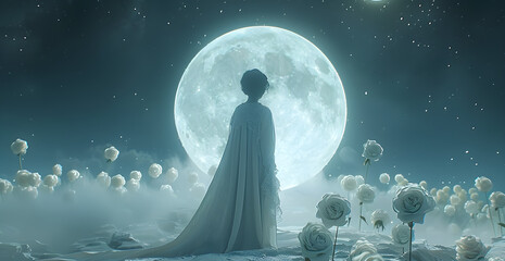 Fototapeta na wymiar a woman on a moon with roses on it, in the style of light pink and sky-blue