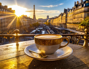Une tasse à café sur une terrasse d'un café parisien  - obrazy, fototapety, plakaty