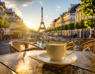 Une tasse à café sur une terrasse d'un café parisien 