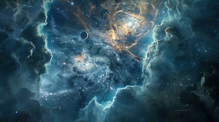 A space scene with a large cloud of gas and a small planet in the middle - obrazy, fototapety, plakaty