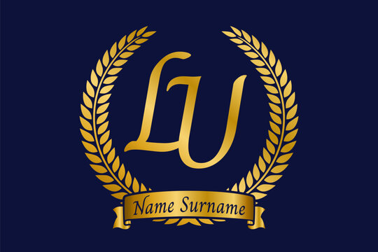 Initial letter L and U, LU monogram logo design with laurel wreath. Luxury golden calligraphy font.