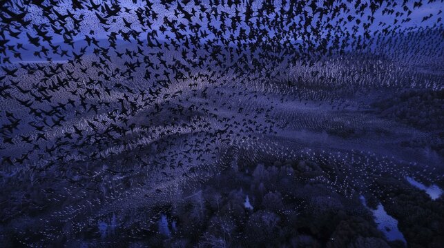 A sky full of birds flying in the night
