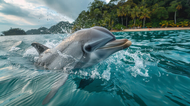 portrait of one dolphin breaching the water's surface with tropical island in the background ,generative ai