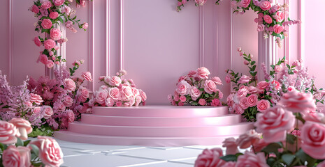 Fototapeta na wymiar Podium background flower rose product pink 3d spring table beauty stand display nature white
