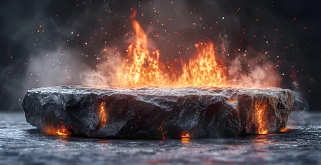 Fotobehang Fire lava podium rock volcano background product magma display 3d scene stone floor © ClicksdeMexico