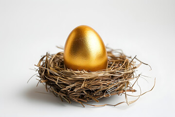 Obraz premium A beautiful shiny golden egg in a bird nest on a white background, representing wealth and prosperity. Perfect for Easter or holiday decoration.