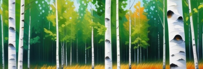 Birch forest, summer, background. Birch grove, road, field, sun. banner
