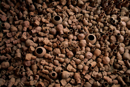 Clay pots piled on a tomb of the Lord of Sipan archeological site