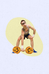 Vertical creative collage picture young man lifting croissant bun dumbbell nutrition calories diet bodycare drawing background
