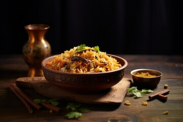 Delicious biryani on a wooden board against a coffee sack fabric background
