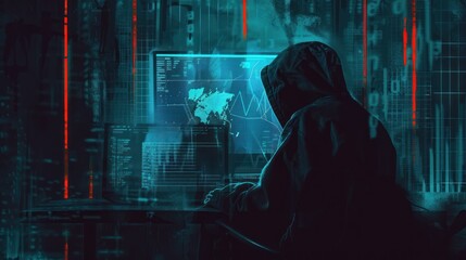 An enigmatic individual studies a global data map on a computer screen, evoking themes of global surveillance or hacking - obrazy, fototapety, plakaty