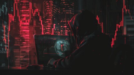 A mysterious hacker in a hood sits before multiple computer screens displaying data and graphs, illuminated in red