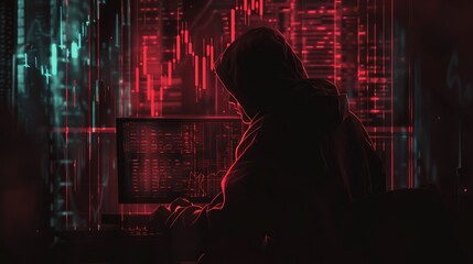 A lone hacker in a remarkably dark setting operates a computer with stock market data and coding information