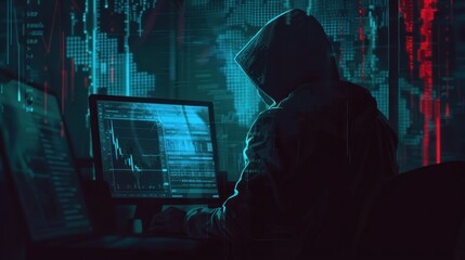 The back view of a hacker operating in a dark room with financial data numbers reflecting in neon colors on monitors