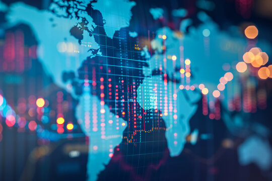 A financial graph on a global map is a visual representation of the interconnectedness of the global economy
