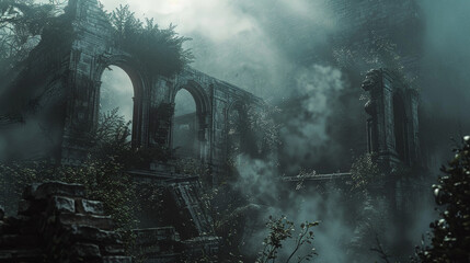A smoky ambiance engulfing an ancient ruin creating an atmosphere of intrigue and mystery