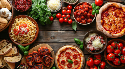 set of tradition italian food, wooden background - obrazy, fototapety, plakaty