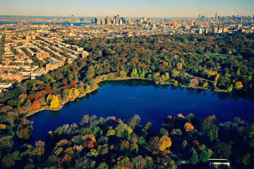 Aerial of Prospect Park with the Manhattan skyline in the distance