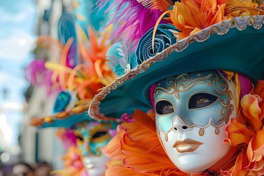 Vibrant Mardi Gras Parade: Masked Revelers Dancing in Festive Atmosphere. Concept Mardi Gras, Parade, Festive Atmosphere, Masked Revelers, Dancing