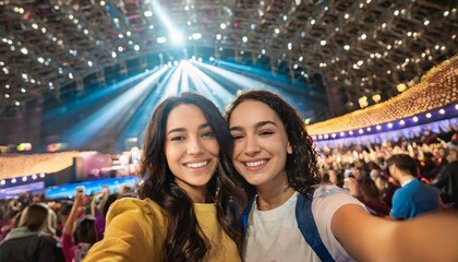 Fototapeta premium Selfie image of two young women at a concert in a giant indoor arena