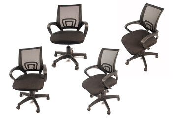 Collection of black office chairs isolated on white background