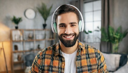 young bearded hipster man smiling at the camera, wearing headphones, standing in the modern house, wearing a casual shirt