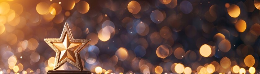 Trophy with a star shape in front of a bokeh light background - obrazy, fototapety, plakaty