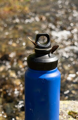 Conserving Water and Insects in Natural Habitats,  butterfly Resting on a Blue Water Bottle in Nature - 763379304