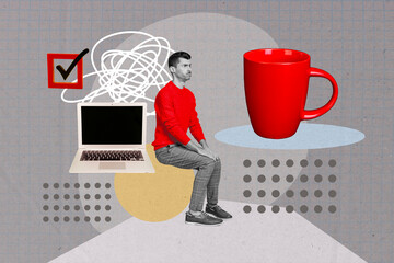 Creative collage picture sitting young man drawing doodles cafe order tea coffee mug red outfit cup laptop tick task completed - Powered by Adobe