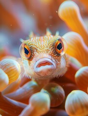 Tiny puffer fish hiding in sea anemones, warm tones, shallow depth of field, medium shot