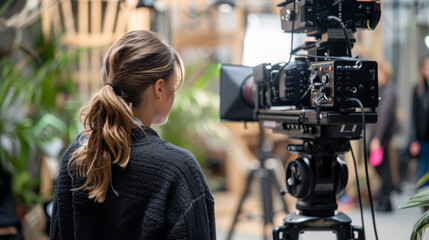 Close-up of a young, contemplative actress on a busy film set with cinematic lighting and camera equipment.