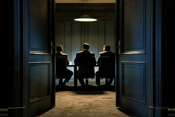 Business people negotiating at boardroom behind closed - obrazy, fototapety, plakaty