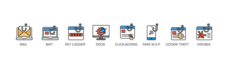 Hacker Activity Banner Web Concept with Phishing, Bait and Switch Attack, Key Logger, Denial of Service , ClickJacking Attacks, Fake W.A.P, Cookie Theft, Viruses and Trojans icons	