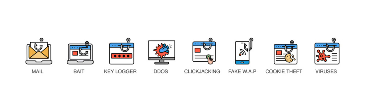 Hacker Activity Banner Web Concept with Phishing, Bait and Switch Attack, Key Logger, Denial of Service , ClickJacking Attacks, Fake W.A.P, Cookie Theft, Viruses and Trojans icons	