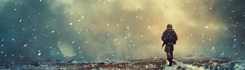 Soldier Walking on the Snowy Battlefield with Dramatic Sky Copy Space - obrazy, fototapety, plakaty