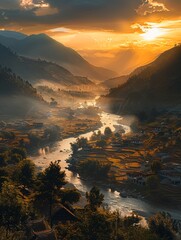 Tibetan village by a river, seconds before a tsunami strike, golden hour, bird's-eye view