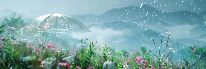 Fotobehang Crystal Clear Umbrella Spring Background, it is raining, there are spring flowers and bright green plants and there are mountains in the distance created with Generative AI Technology © Sentoriak