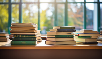A stack of books on the table in front, with a blurred background showing bookshelves and a green...