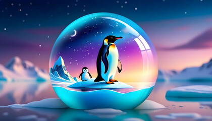 Naklejka premium A glass sphere with a penguin swimming inside with a background of stars and aurora borealis