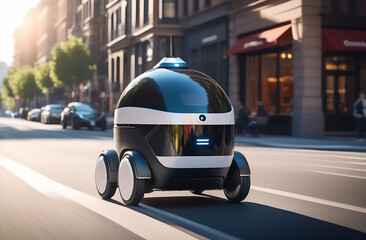 A tiny robot cruises the street with its wheels rolling smoothly - obrazy, fototapety, plakaty