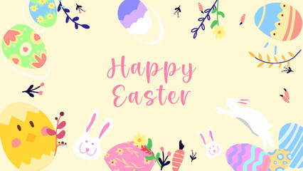 Happy Easter Greeting Card. Easter design with typography, eggs, bunny, flower. Vector Illustration. Used for poster, banner, greeting card, header website.