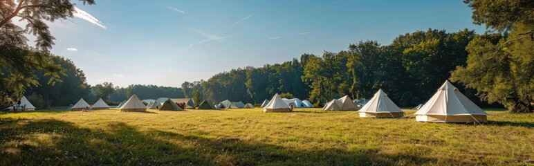 Fototapeta na wymiar An outdoor meadow with white camping tents against a background of blue sky and green trees.