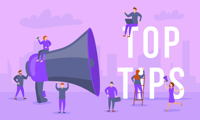 top tips megaphone. Banner with megaphone and text top tips. megaphone loudspeaker with message top tips. Cartoon illustration in comics style. colorful bussines concept. vector illustration.