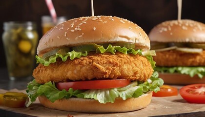crispy fried chicken zinger burger with lettuce and tomato, fresh chicken burger sandwich fast food commercial advertisement banner with copy space area, zinger cheese burger on a wooden tabletop