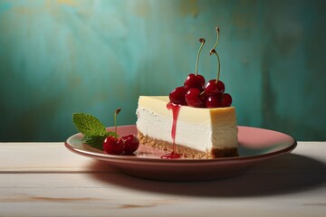 Juicy cheesecake on a porcelain platter against a painted gypsum board background